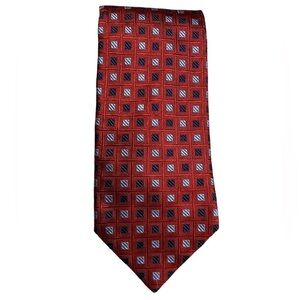 𝅺NICOLA Ferri Milano Silk Red Tie With Multicolor Blue Boxes 58” Long